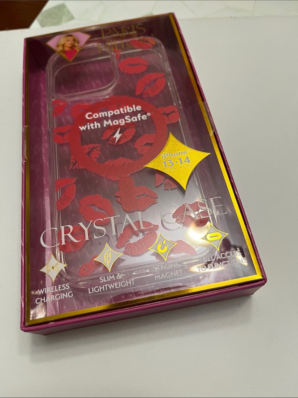Clear Crystal iPhone Case with Red Lip Print (iPhone 13-14 Compatible)